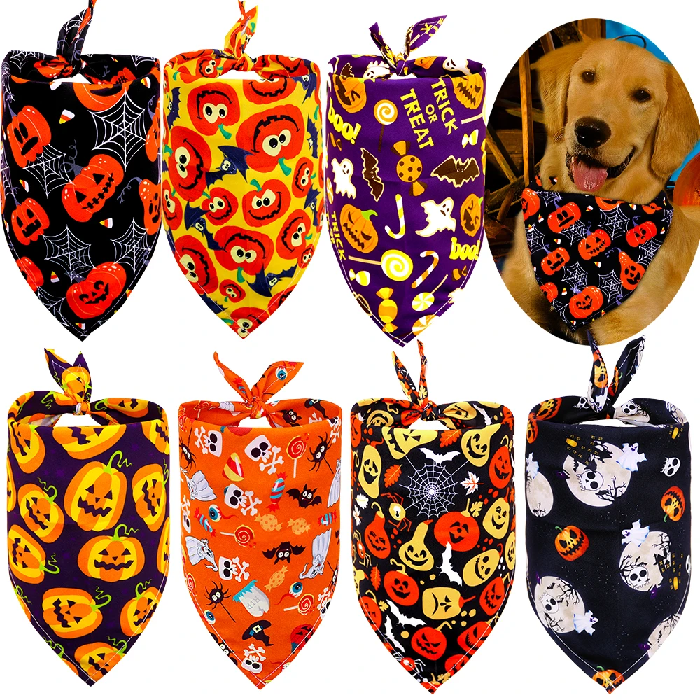 Bandana de Halloween para perro, pañuelo para mascotas pequeñas, gato, cachorro, accesorios para vacaciones, calabaza, Calavera, 50 piezas