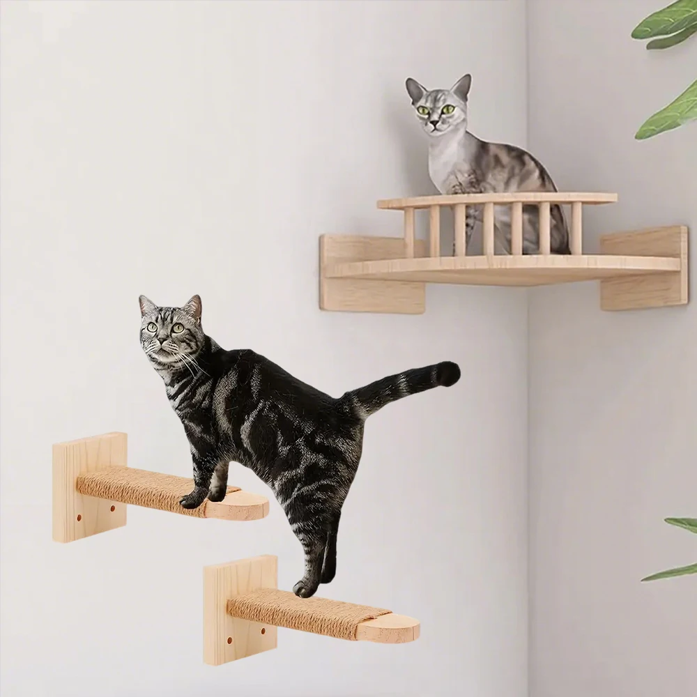 Estantes de pared para gatos, poste rascador de 2 pasos y hamaca, estante de escalada para gatos de interior, accesorios de torre de árbol trepador - imagen 4