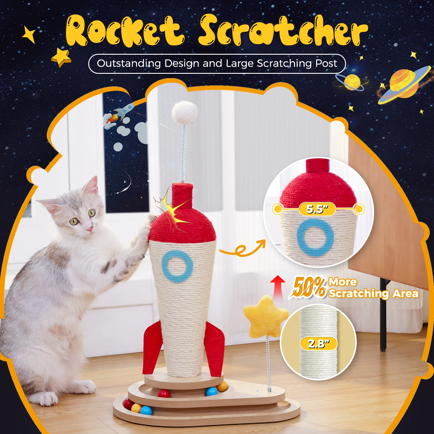Poste rascador para gatos con pista, juguete de pelota, cohete, rascador para gatos, pequeña torre de árbol para gatos con postes rascadores de Sisal, juguetes interactivos para gatos - imagen 4