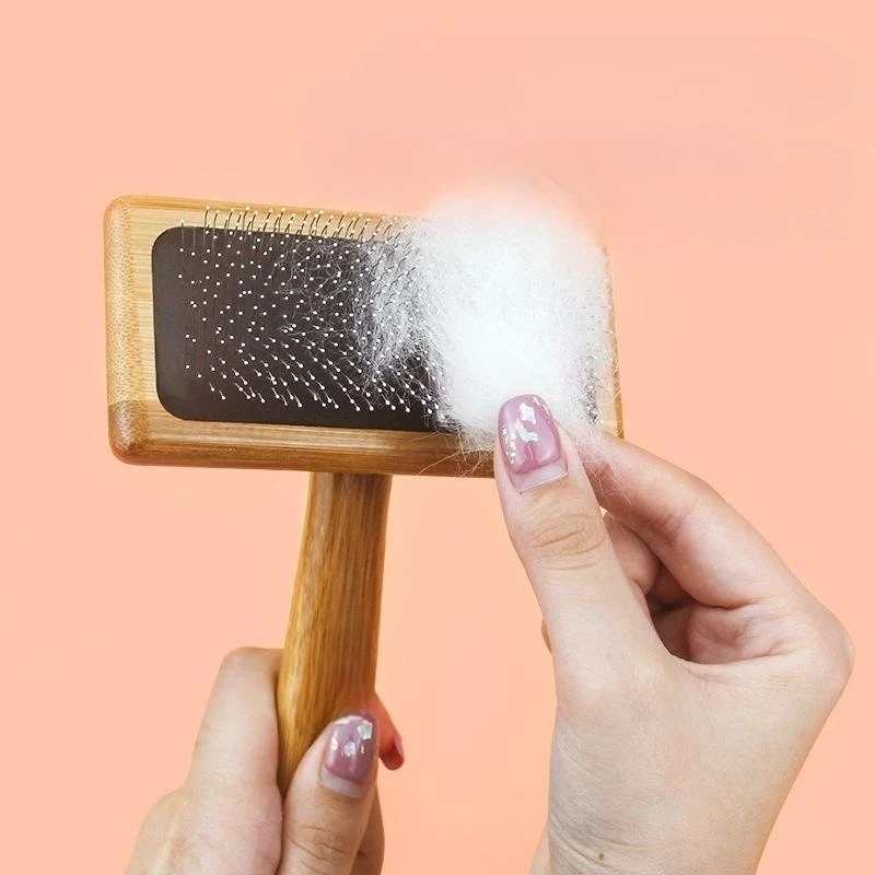 Peine con mango de bambú Natural, cepillo de pelo de acero inoxidable, accesorios para perros, gatos y mascotas, herramientas, peines abiertos de punto para cachorros, duraderos y densos - imagen 2