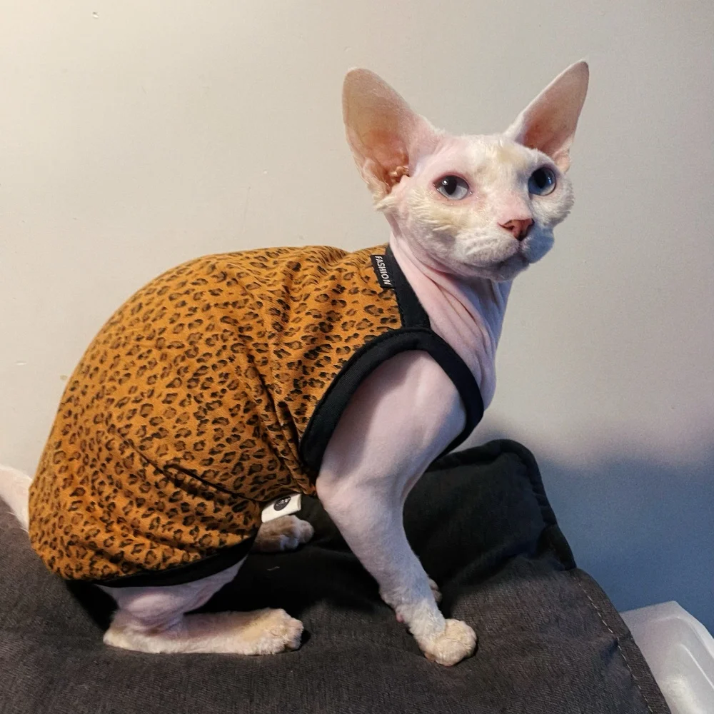 Camisola de leopardo de moda para gato en verano Chaleco de algodón marrón suave para Sphynx Cat Ropa de estar por casa caqui sin mangas para Devon Rex
