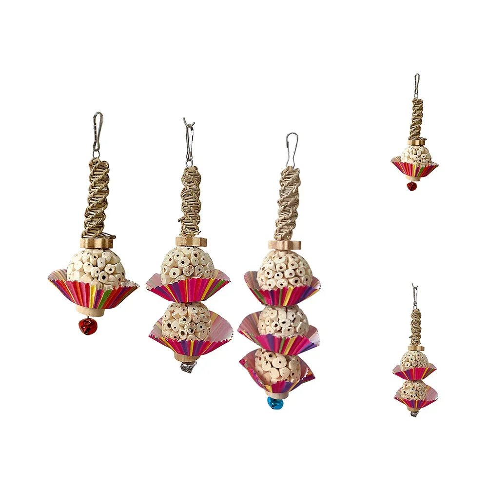 Palos para masticar pájaros, juguetes con campana, bloques de madera Natural, juguetes colgantes para loros, jaula, accesorios para loros, periquitos, cacatúas