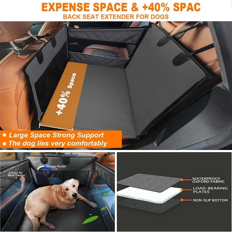 Extensor de asiento trasero para portador de perros, funda impermeable para asiento de coche para perros, cama para mascotas, hamaca para coches con bolsillo de almacenamiento - imagen 2