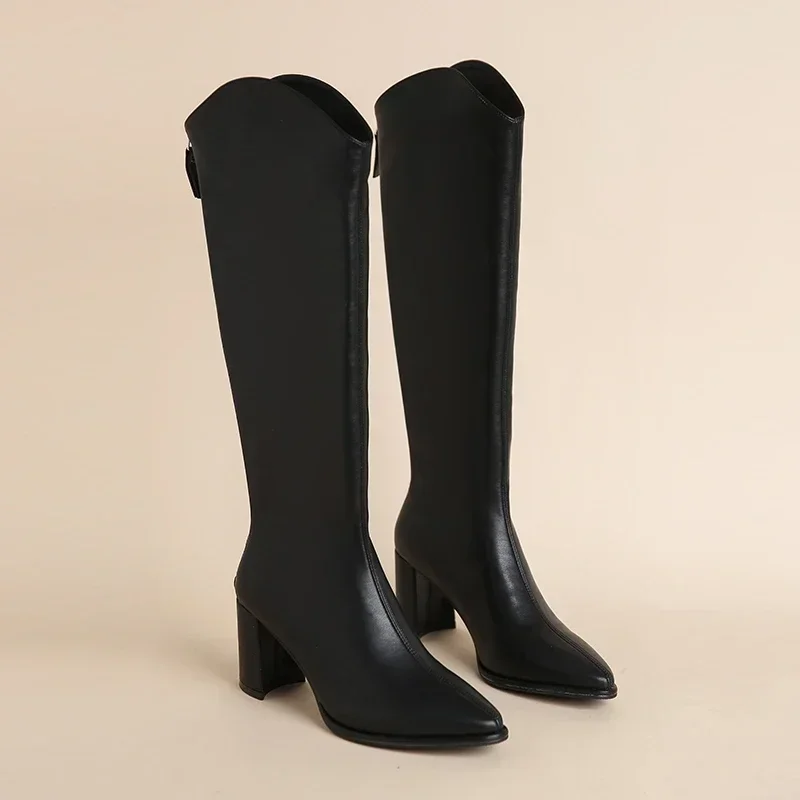 Botas de talla grande 34-43 nuevas para mujer, tacones altos gruesos con cremallera, tacones altos simples y gruesos, Botas hasta la rodilla para Otoño e Invierno - imagen 2