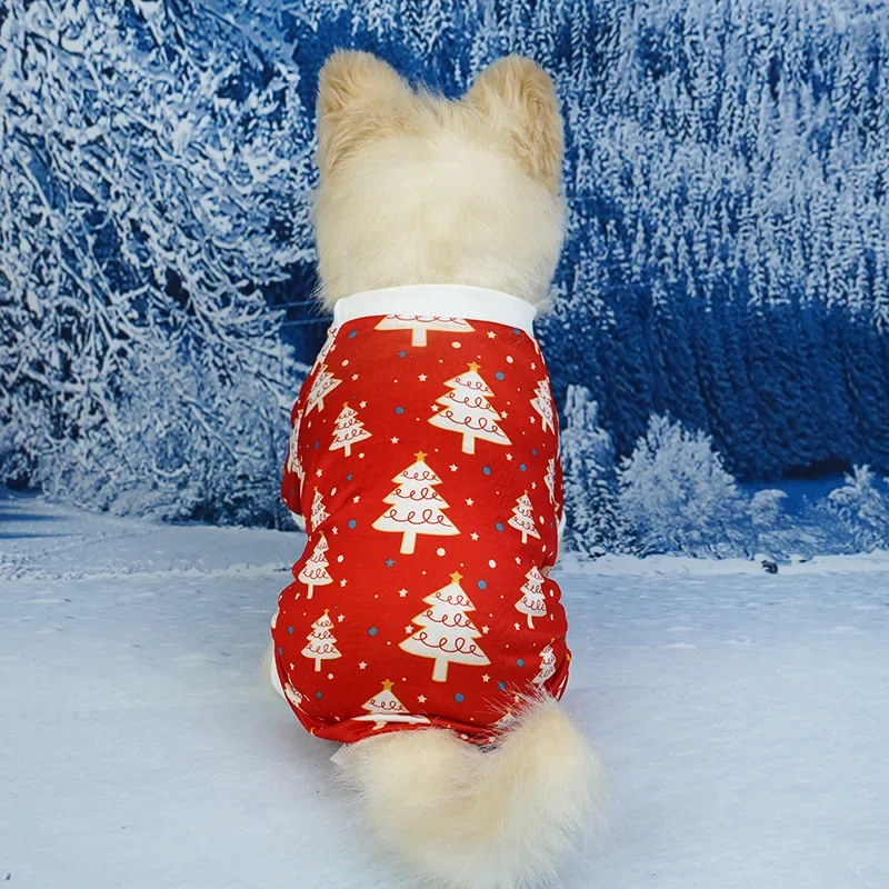 Ropa festiva para perros pequeños y medianos, pijamas navideños para perros, mono de cuatro patas con estampado de Papá Noel y árbol de Navidad - imagen 5