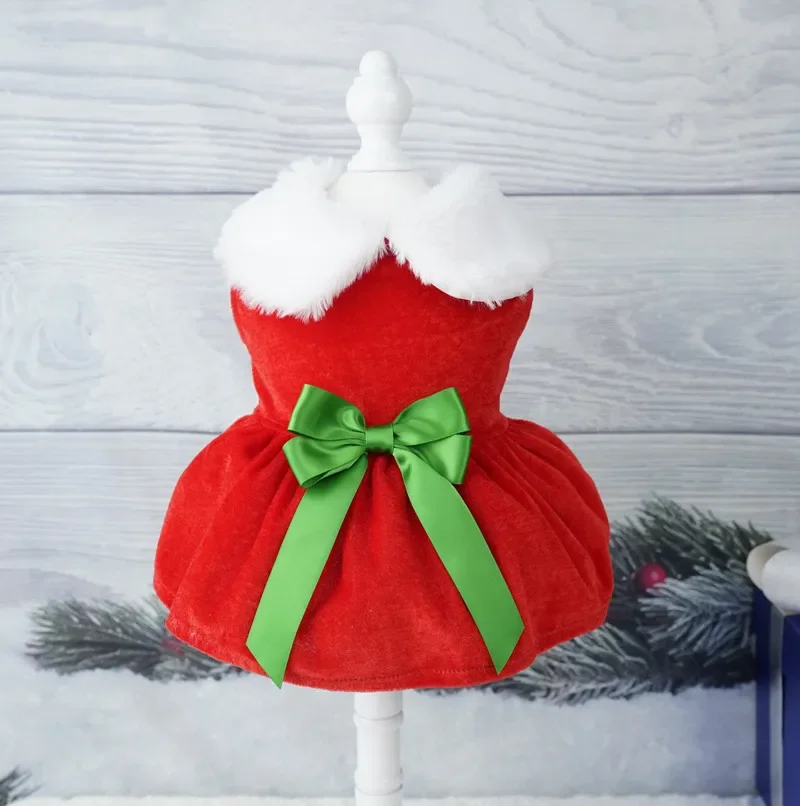 Traje festivo para mascotas para perros pequeños y medianos Vestido navideño de terciopelo para perros con cuello peludo,
