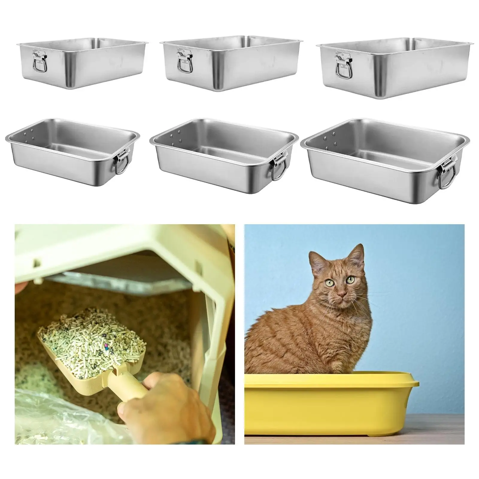 Bandeja sanitaria de acero inoxidable para gatos – Asa y lados altos - imagen 3