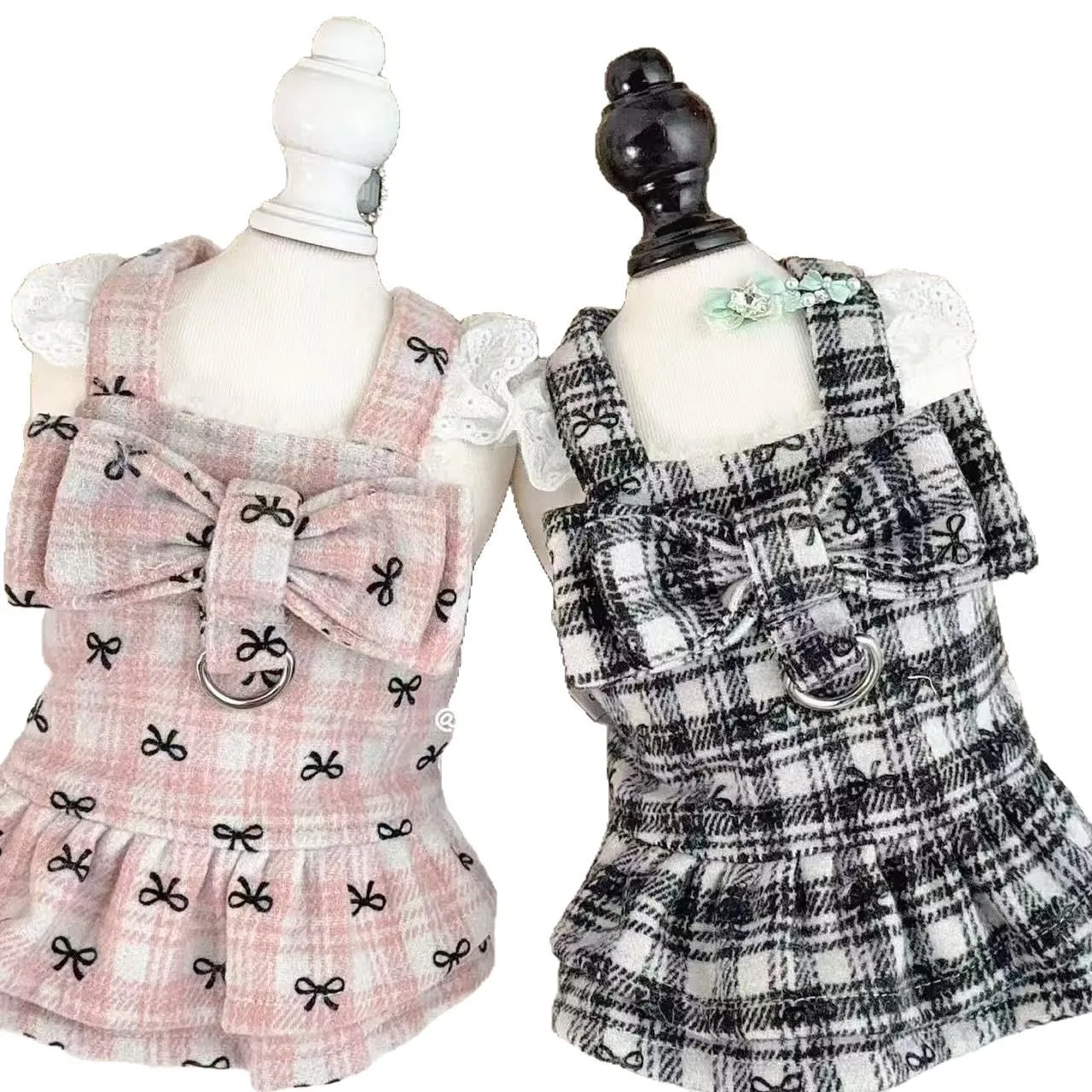 Falda con tirantes y lazo a cuadros para perros pequeños, abrigo cálido para perros con diseño de tracción, ropa de punto para cachorros y gatos, otoño e invierno - imagen 5