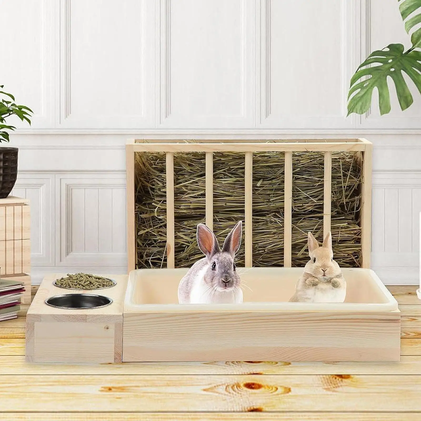 3 in 1 Rabbit Hay Feeder with Litter Box,Wooden,Food Feeding Hay Manger with Bowls Bunny Hay Feeder for Small Animals Hamster