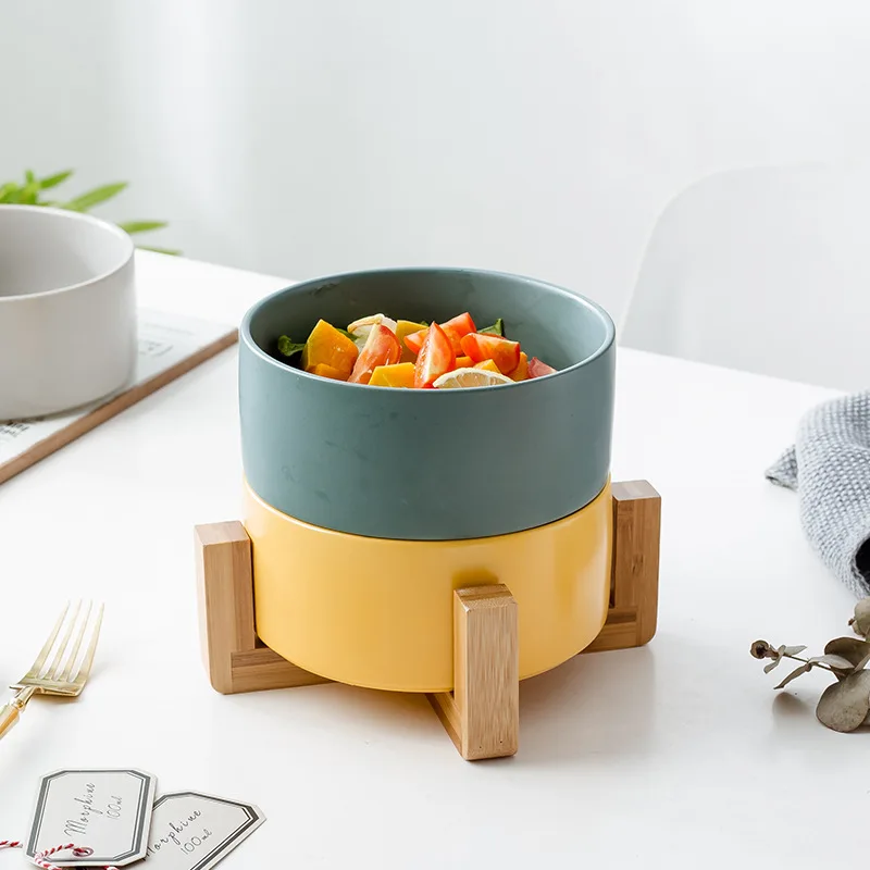 Self-Assembly Ceramic Double Pet Bowl, Wooden Stand, Elevated Feeder for Cats, Cervical Spine Protection, Food & Water Bowl - imagen 3