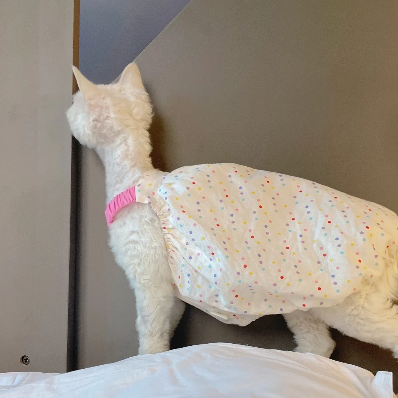 Falda Camisola Bubble para Gato Correa de Hombro Rosa Elástica de Verano para Sphynx Cat Vestido Princesa de Lunares Blancos con Collar - imagen 4