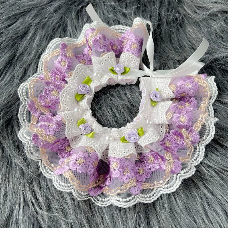 Collar de encaje para niña, gato y perro, decoración de lujo para el cuello de la novia, rosa, Azul, Morado, rojo, Floral, Baberos para mascotas, bufanda para perros pequeños - imagen 5