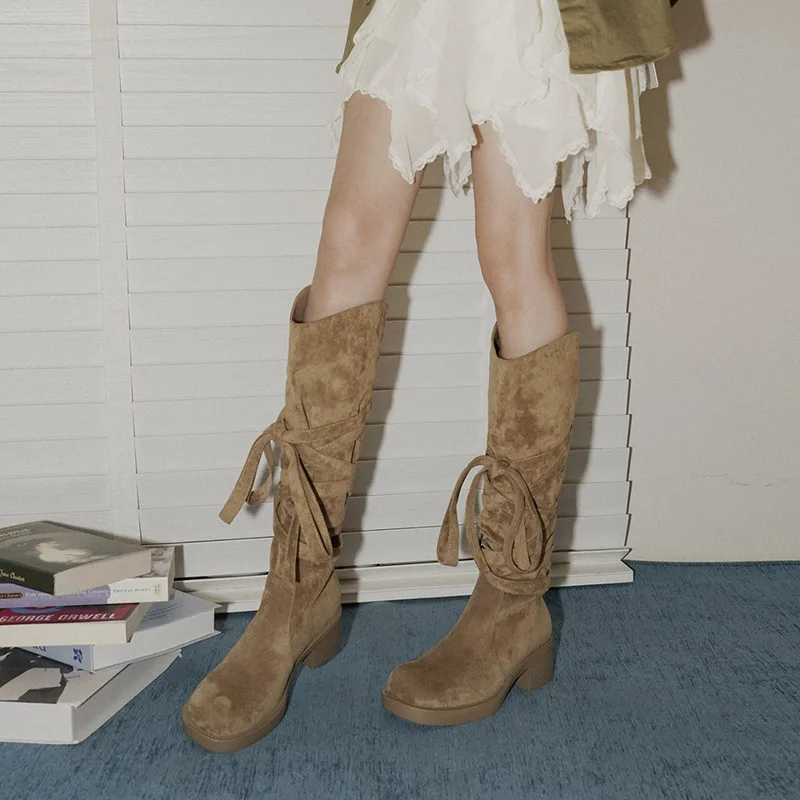 2025 nuevas Botas De vaquero del oeste con borlas Vintage para Mujer, Botas largas informales De tacón grueso para Mujer, Zapatos De Mujer - imagen 2