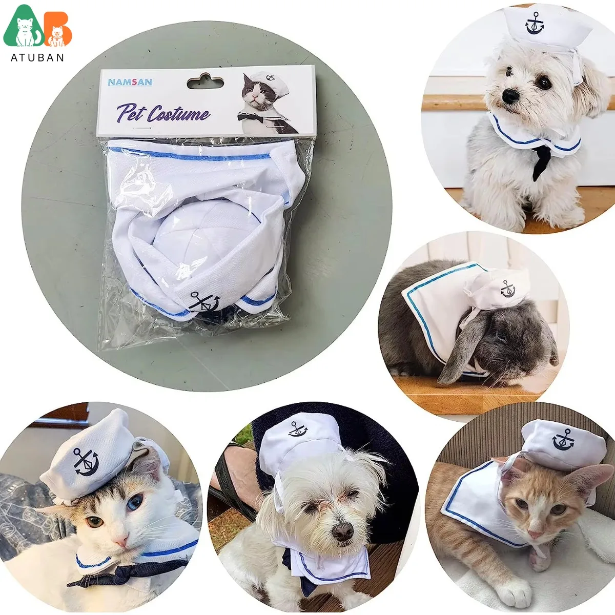 ATUBAN Disfraz de marinero para mascotas para gatos, perros pequeños, sombrero de marinero para gatos de Halloween con cuello de corbata, traje azul marino para cachorros, ropa de Cosplay - imagen 2