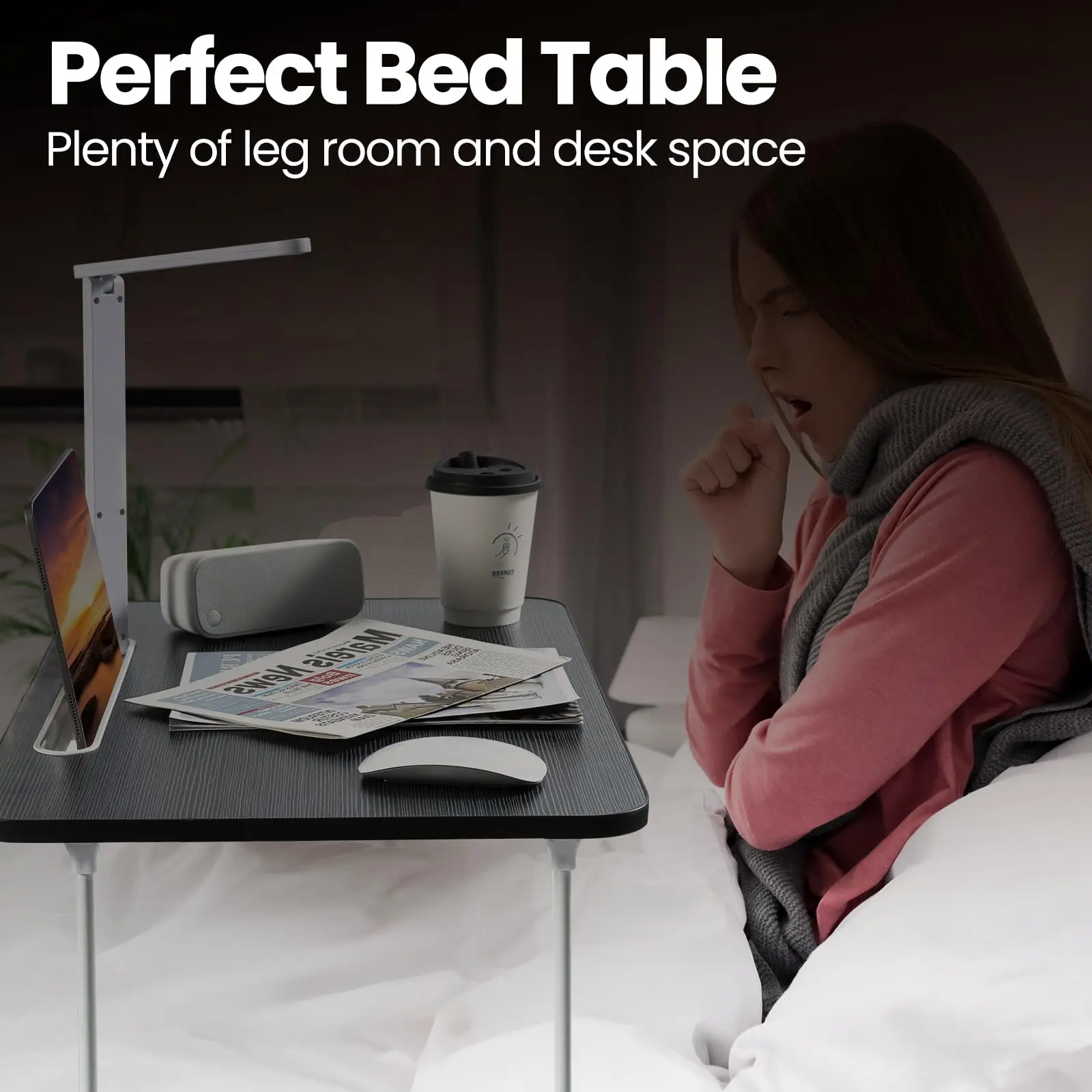 Mesa de cama perezosa, escritorio plegable para ordenador portátil con portavasos ligero y cajón de almacenamiento, soporte ajustable sin elevación portátil para Notebook/tableta - imagen 5