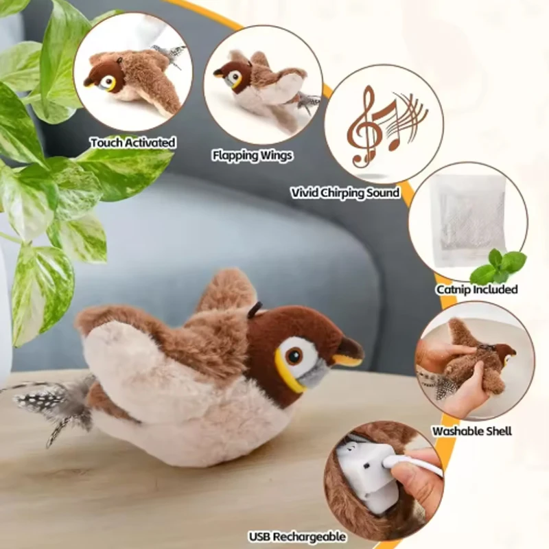 Juguete pájaro interactivo táctil recargable para gatos y perros - imagen 4
