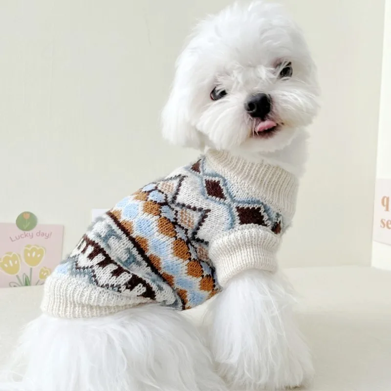 Ropa cálida de invierno para perros, suéter tejido a la moda para perros, disfraces con estampado bonito para cachorros, suéter suave de cuello alto para gatos, ropa para gatitos - imagen 3