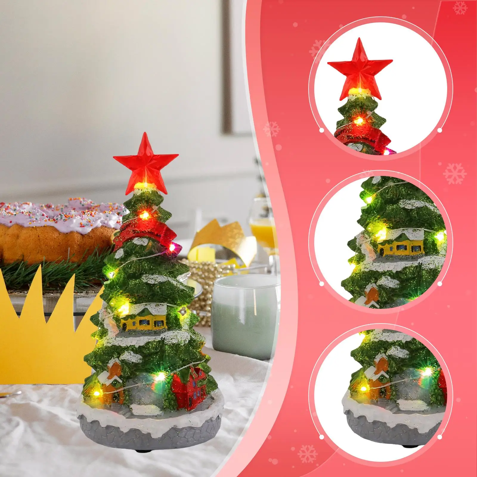 Light up Musical Mini Christmas Tree Figurine,Music Box Toy Star Topper for Holiday