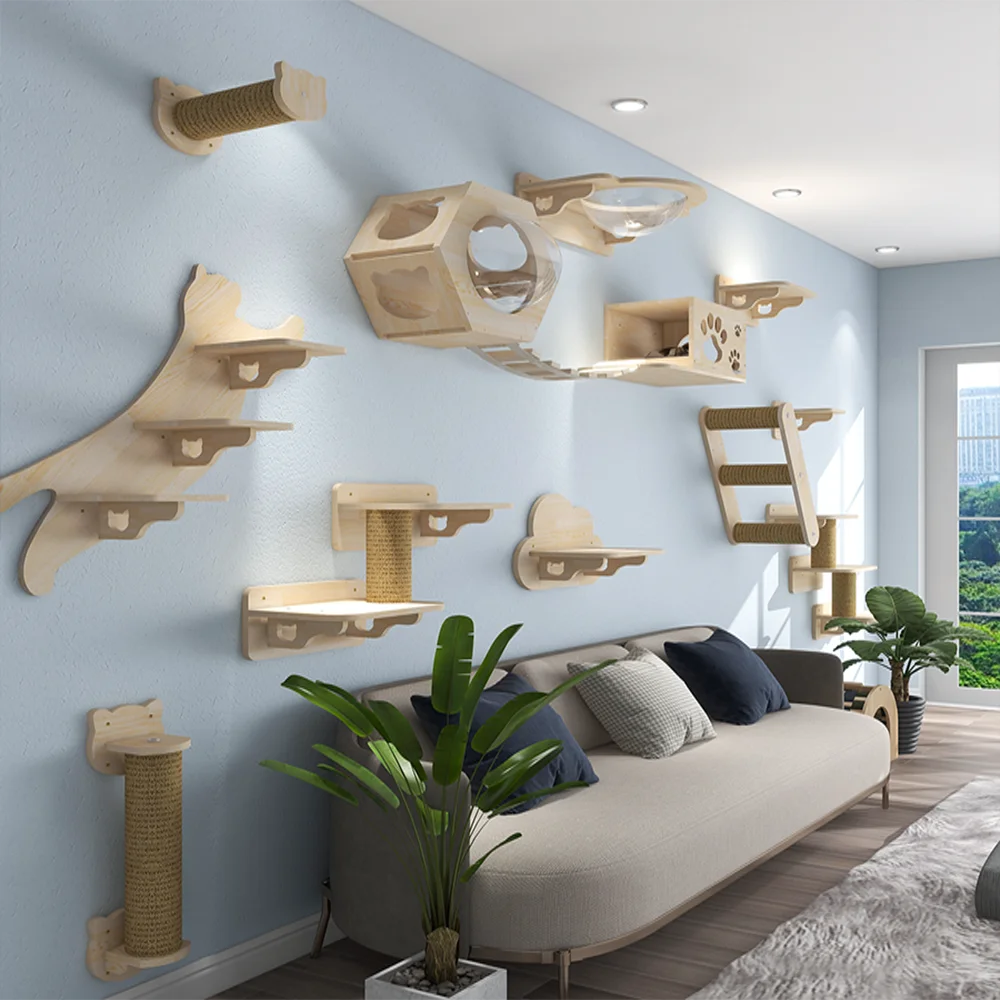 Hamaca montada en la pared para escalar gatos, poste rascador, estante de escalada para muebles de madera para gatos, escalones de escalera, gatos durmiendo y jugar - imagen 4