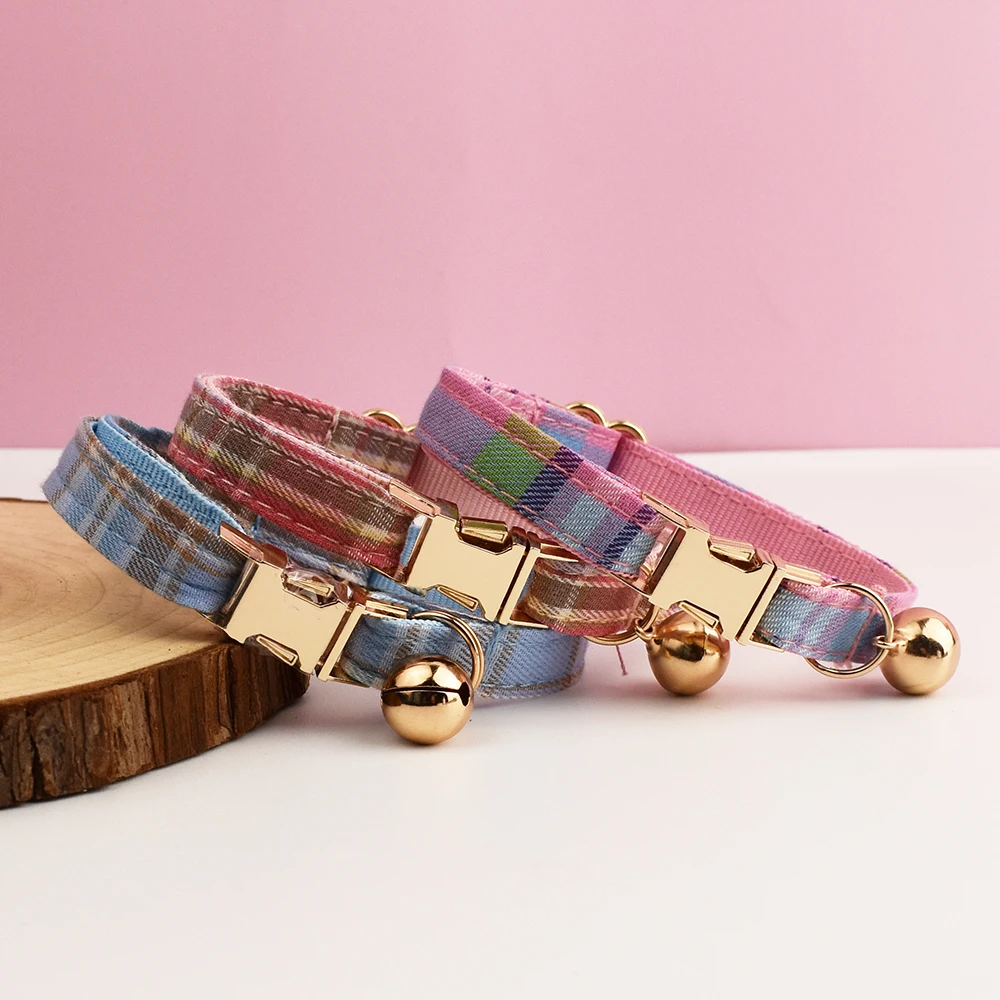 Collar de gato con patrón a cuadros, Collar personalizado de seguridad ajustable con lazo para mascotas, Collar suave con nombre personalizado