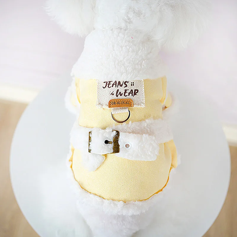 Abrigo de gamuza empalmado de lana de cordero para otoño/invierno para mascotas con peluche de tracción y ropa cálida de terciopelo Parkas de ante de una pieza para perros - imagen 3