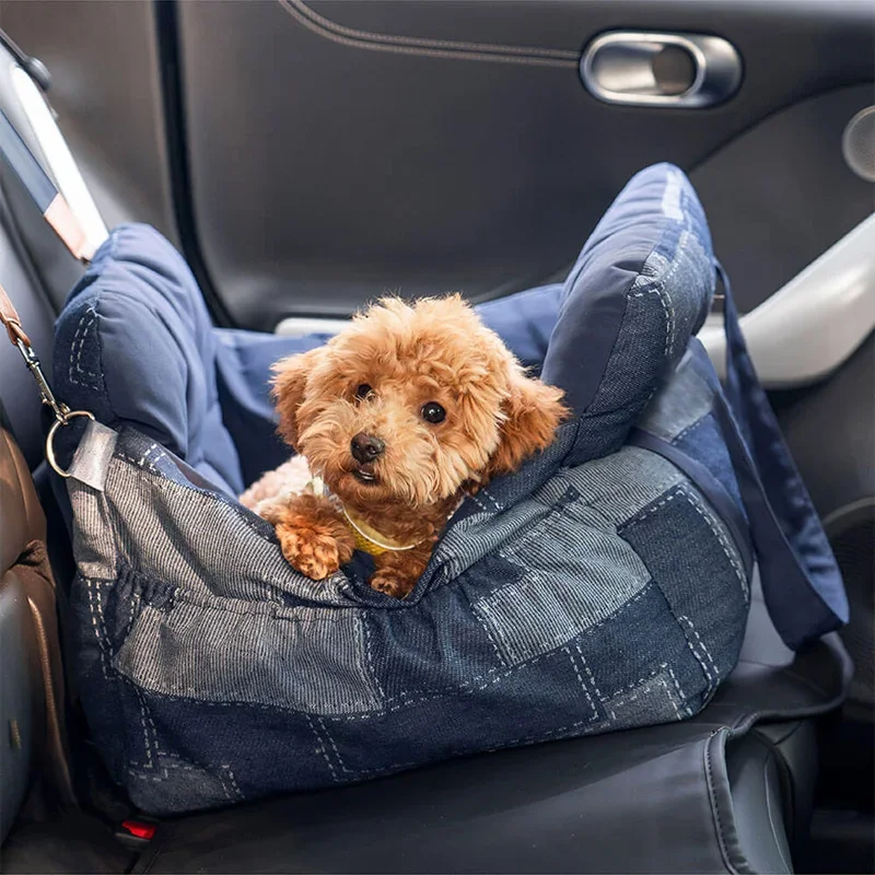 Refuerzo de seguridad para viaje, asiento de coche para perros de retazos de tela vaquera Vintage con hebilla de seguridad, camas de lujo para perros, asiento de coche para mascotas - imagen 5