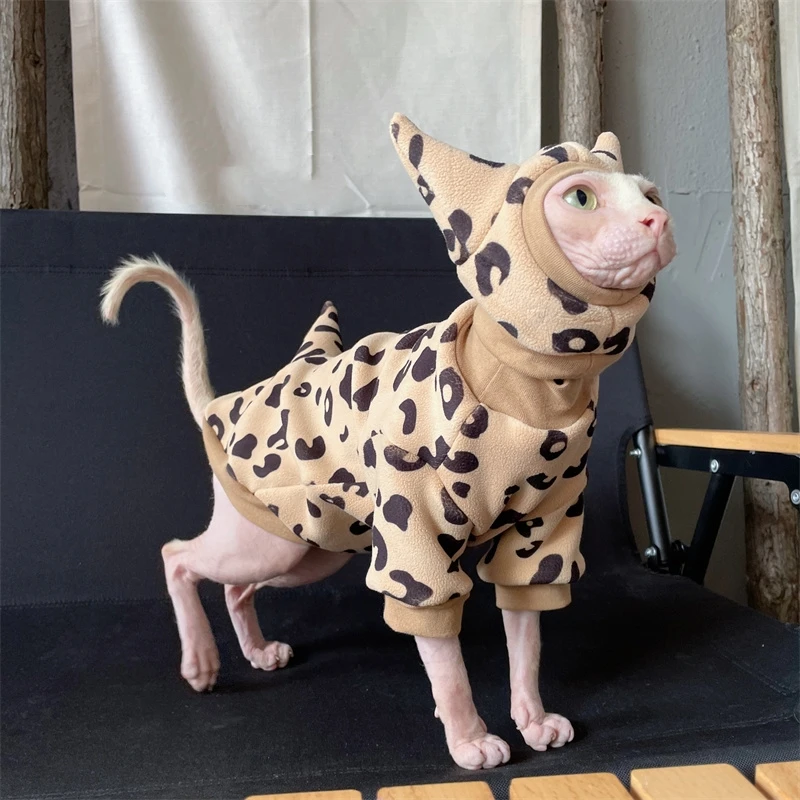 Ropa de gato, suéter de invierno suave para gato Sphnx, abrigo polar de leopardo, sombrero, disfraz, sudadera de manga larga para ropa de descanso Devon Rex - imagen 3