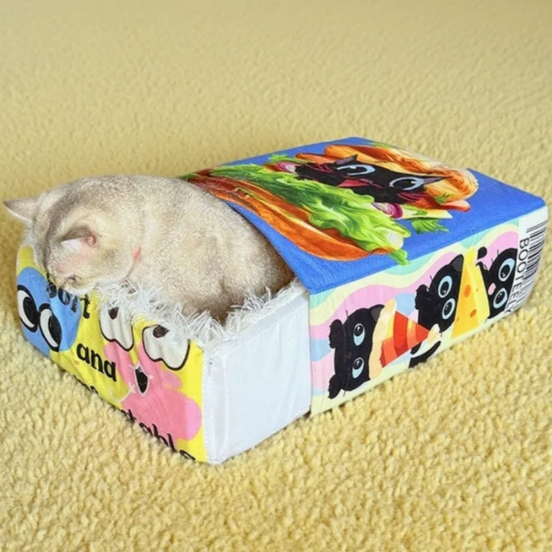 BOOTEELY Cartoon Hamburger Black Cat Snack Box Plush Cat Bed Spacious Cozy Pet Nest For Cats' Comfortable Rest With Cute Design - imagen 3