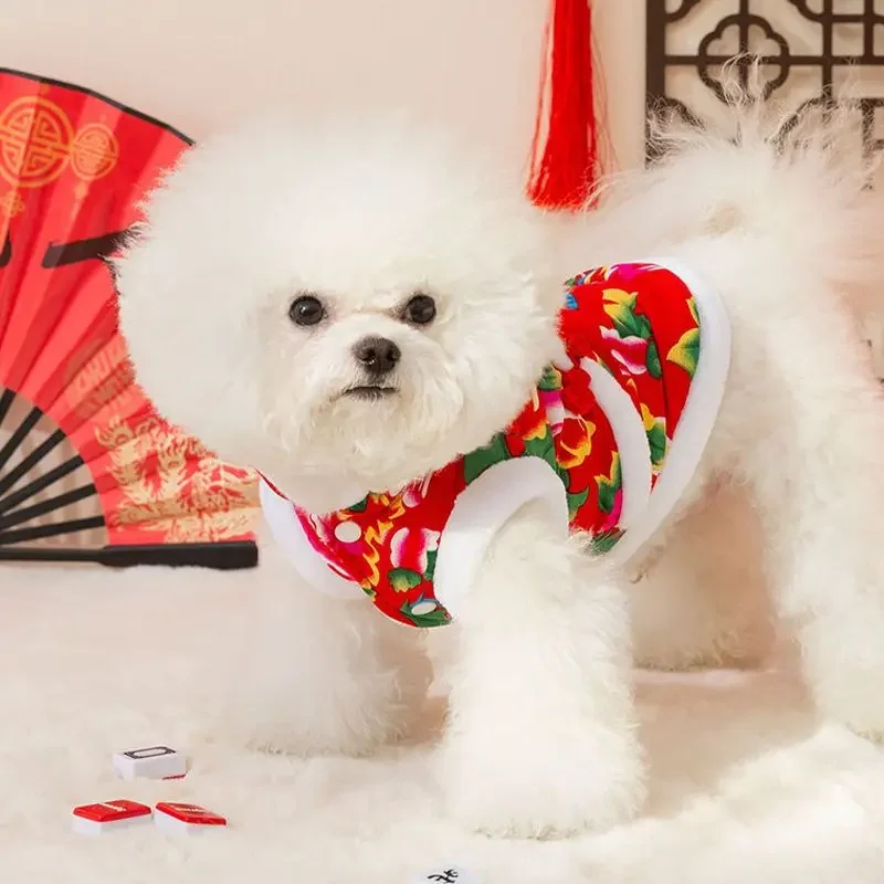 Chaqueta acolchada de flores grandes de estilo nacional, ropa para cachorros y perros, ropa cálida de terciopelo de dos pies para mascotas - imagen 2