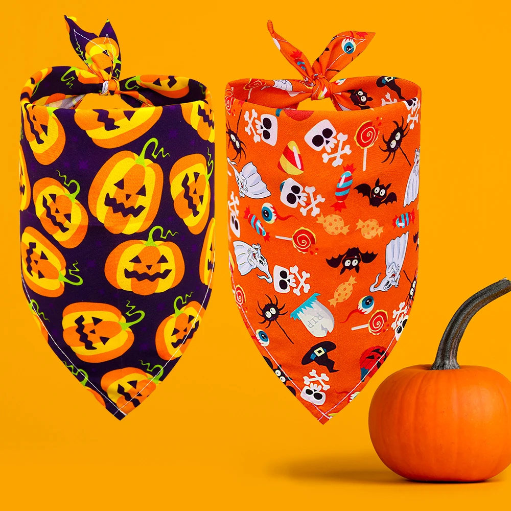 Bandana de Halloween para perro, pañuelo para mascotas pequeñas, gato, cachorro, accesorios para vacaciones, calabaza, Calavera, 50 piezas - imagen 3