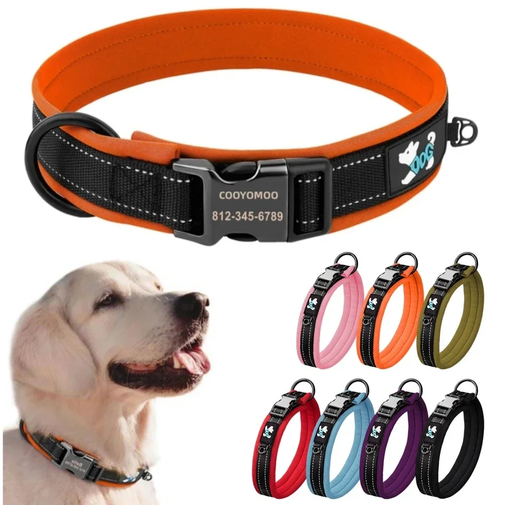 Collar para perro acolchado de malla ajustable, grabado de identificación personalizado, Collar para perro de nailon reflectante, duradero y resistente para todas las razas, todos los Pug