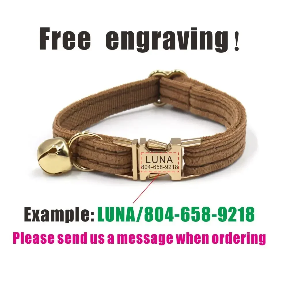 Collar de gato personalizado, contactos de nombre de identificación personalizados, hebilla de metal, collares de gato de pana marrón ajustables con campana - imagen 4