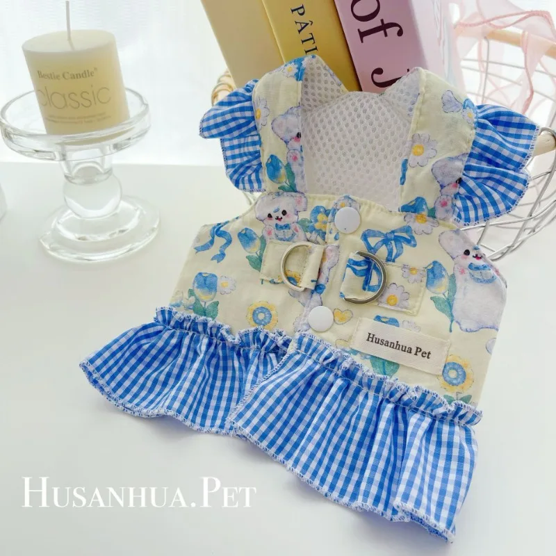 Arnés de color caramelo a cuadros azul para mascotas, ropa para perros, camiseta sin mangas para gatos, ropa de tracción, osos de peluche y perros pequeños para salir - imagen 4