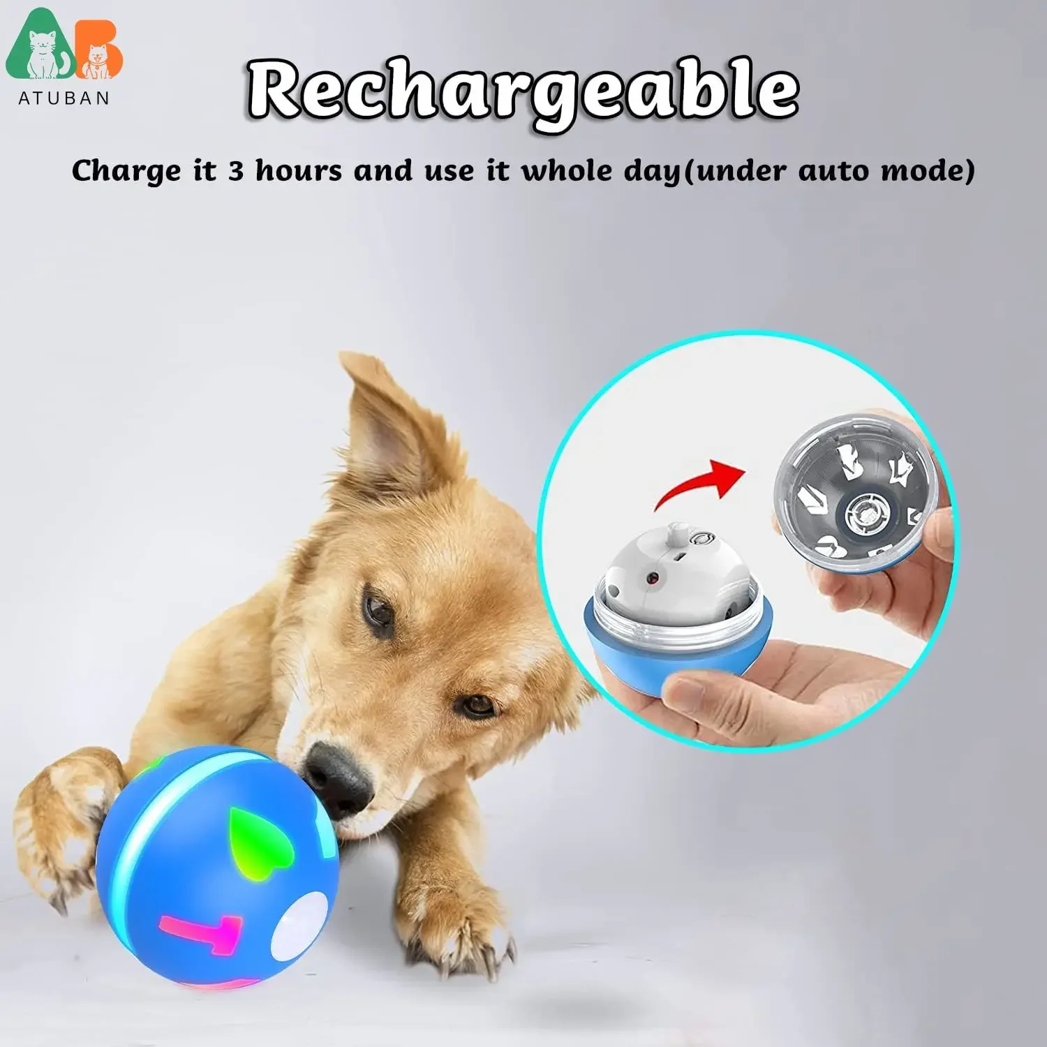 ATUBAN-pelota interactiva para perros pequeños y medianos, juguete para gatos de interior, con activación por movimiento, dos cuerdas para masticar - imagen 5