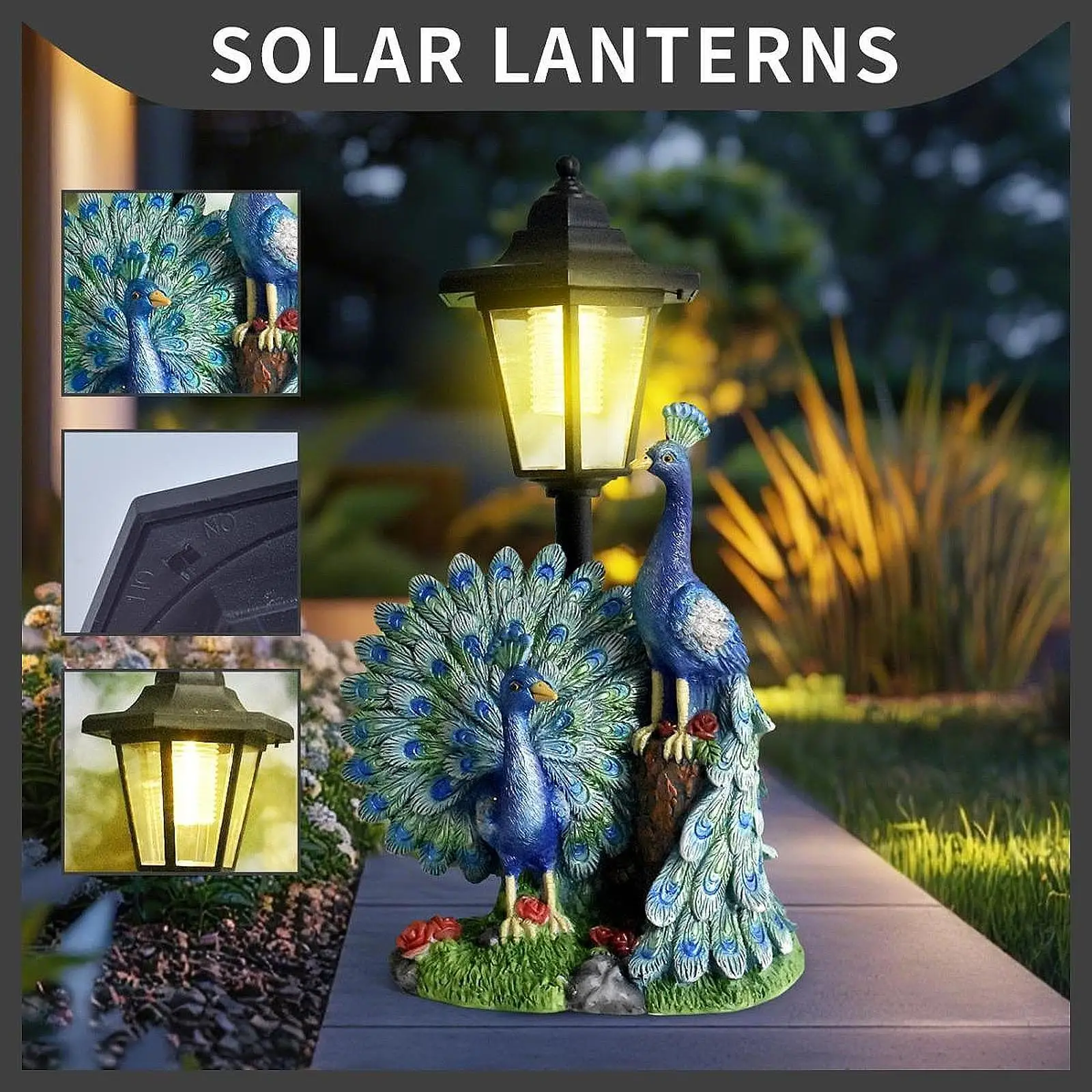Outdoor Garden Figurine Resin Peacock Solar Light Landscape Lamp Decorative Sculpture for Large Yard Patio Ornament