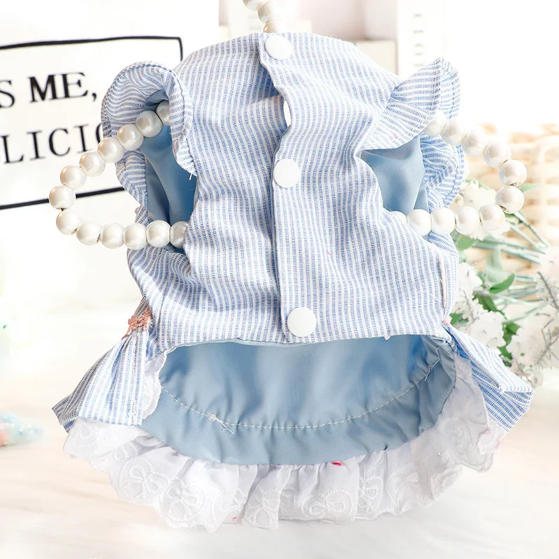 Nuevo atuendo de primavera/verano para perros y gatos, elegante vestido de princesa con vestido de encaje a rayas y anillo en D para perros pequeños - imagen 4