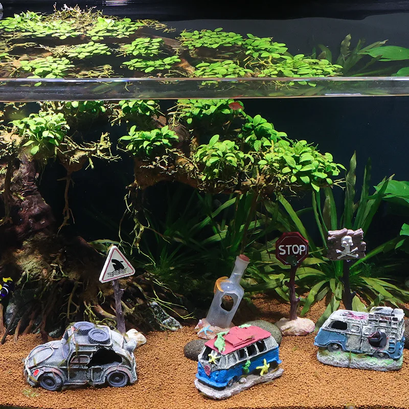 Adornos decorativos de resina para acuario, decoración de pecera de autobús roto, rocas decorativas de simulación, accesorios para pecera - imagen 4