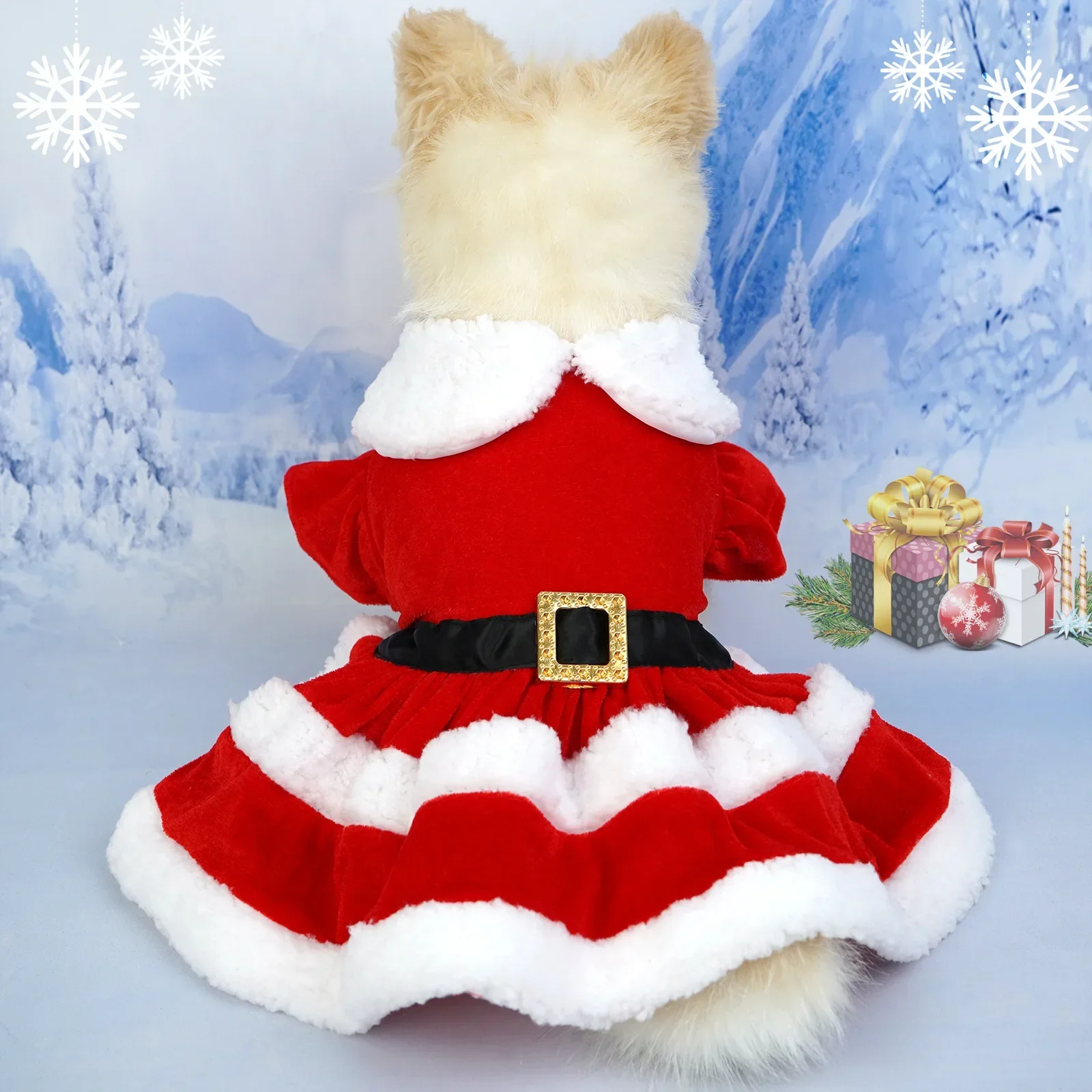 Traje festivo para mascotas para perros pequeños y medianos Vestido navideño de terciopelo para perros con cuello peludo, - imagen 2