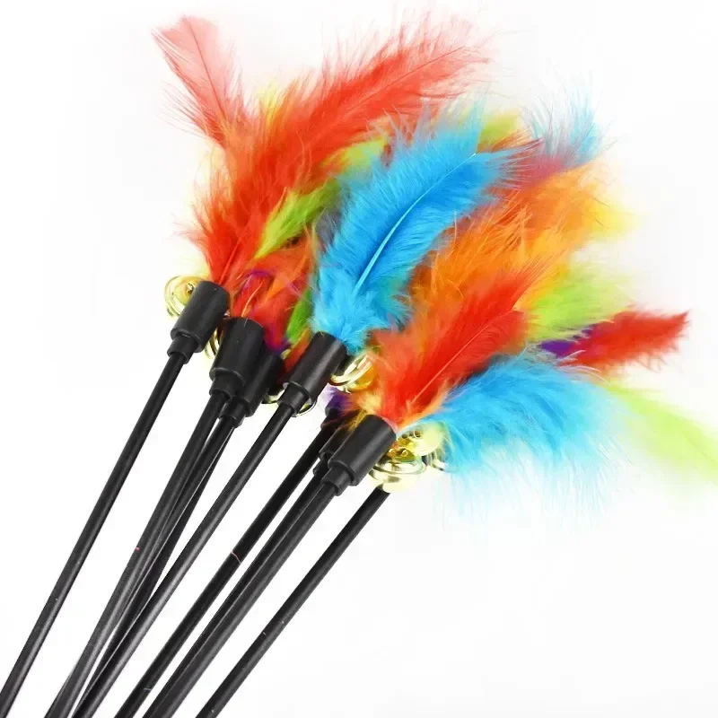 Varilla de juguete interactiva divertida para gatito y gato, juguetes de plumas con campana para gatos, palo de alambre, varita de juguete de Color aleatorio, 2 uds. - imagen 2