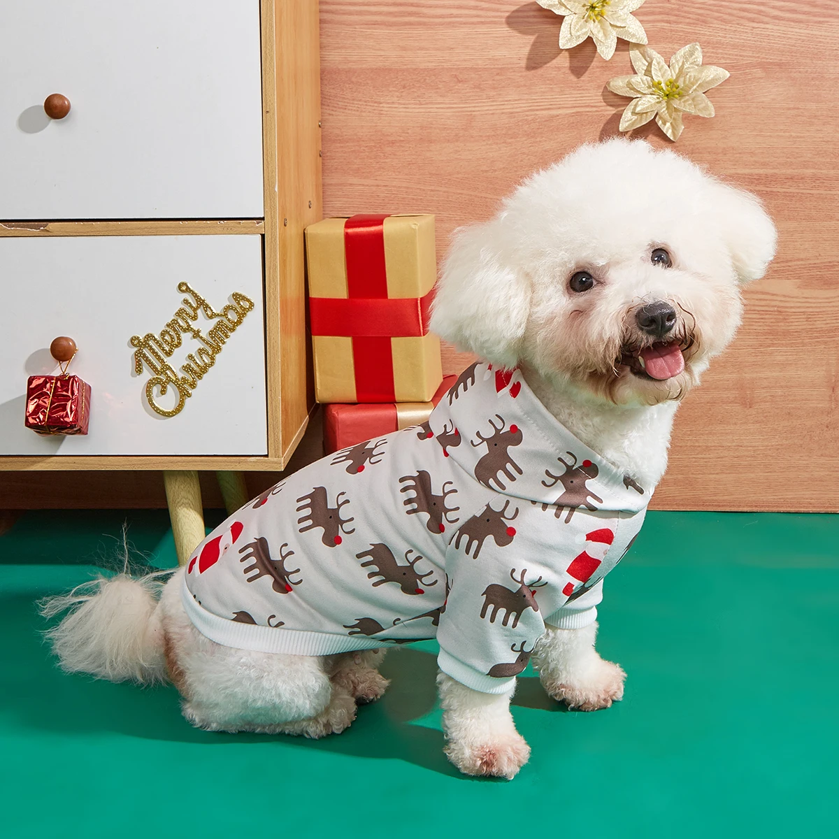 Sudadera con capucha para perro, camisas navideñas, ropa para perro, campana pequeña, alce, ropa estampada para perro, sudaderas para perro, ropa de Navidad con cuello alto para mascota Pu - imagen 2