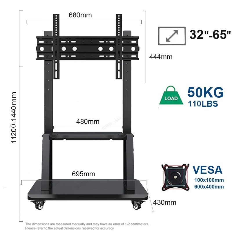 Soporte para TV móvil, carrito para TV con ruedas inclinable con estante multimedia y ruedas de bloqueo, se adapta a televisores de 32 a 65 pulgadas, capacidad para hasta 110 libras, máx. VESA 600x400 m - imagen 3
