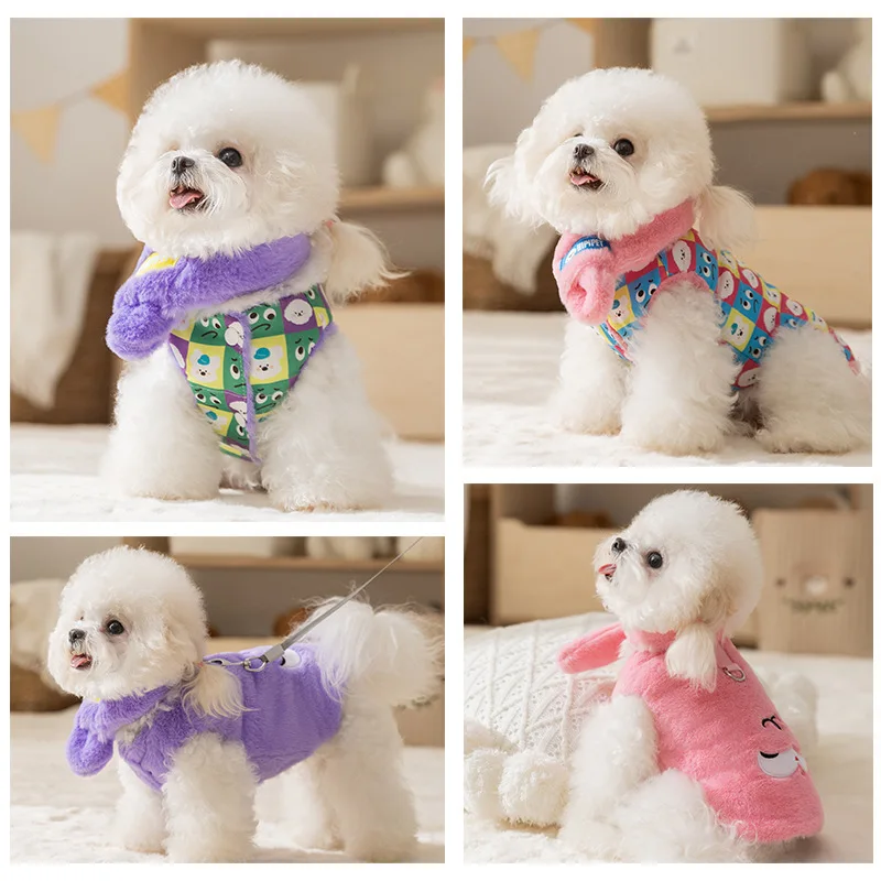 Abrigo bordado de felpa para mascotas, chaleco cálido para gatos, abrigo de terciopelo, ropa de dos caras con bufanda, ropa para cachorros, otoño e invierno - imagen 4