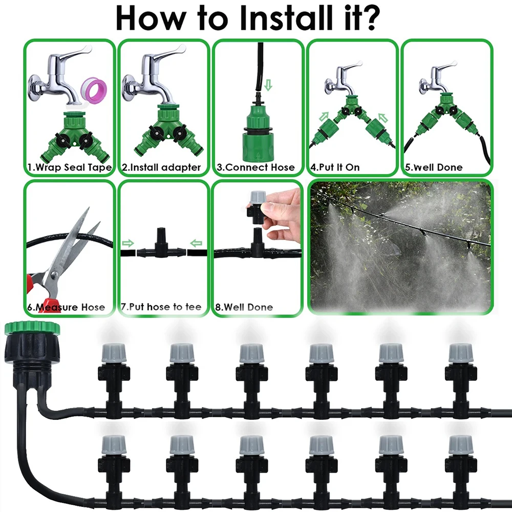Sistema de riego automático de 10M, conector de 4-7mm, boquillas de nebulización de manguera de jardín portátiles para Patio, césped, invernadero - imagen 2