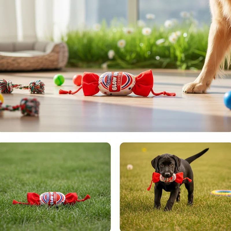 Juguetes de dulces de cuerda para perros, juguetes interactivos resistentes a mordeduras chirriantes para limpieza de dientes de cachorro, suministros molares para mascotas