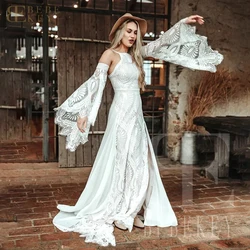 BEBEKEY-vestido de novia bohemio de encaje con abertura lateral, vestido de fiesta de boda personalizado, vestidos de novia de corte en A, vestidos formales sin espalda