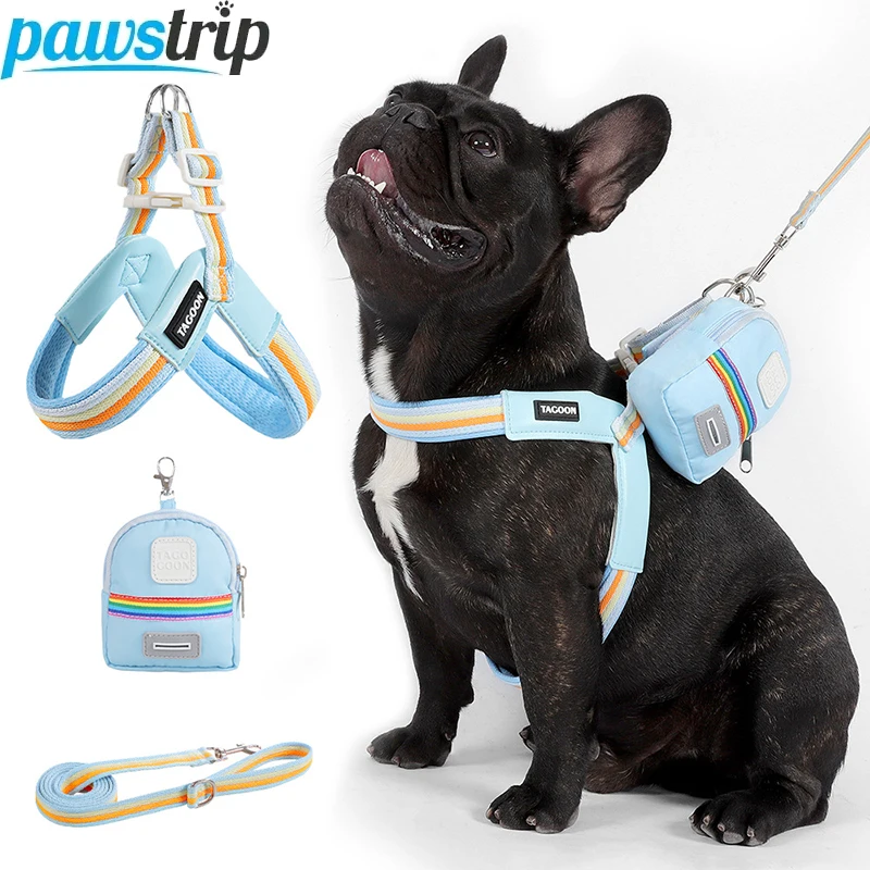 Juego de correas para perros y mascotas, 3 uds., con bolsas, arnés ajustable en forma de V para cachorros, correa para el pecho transpirable a rayas, accesorios para perros