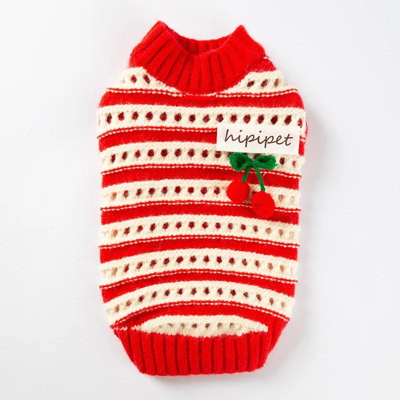 Suéter navideño para perros, lindas ropa navideña a rayas rojas para mascotas, suéteres de cereza para cachorros para perros pequeños y gatos, disfraz de Navidad de otoño e invierno