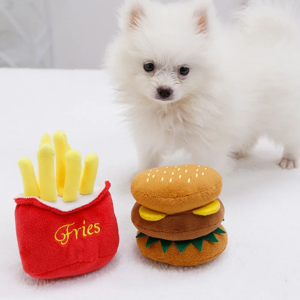 Lindos juguetes chirriantes de felpa para patatas fritas y hamburguesas, juguetes interactivos suaves para gatos, adorables juguetes para masticar mascotas de peluche, suministros para gatos - imagen 2