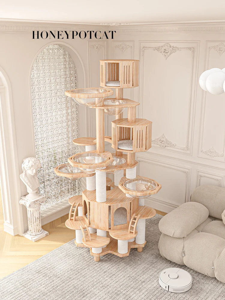 Marco de escalada para gatos, árbol para gatos, madera maciza, Castillo de gatos, puente arcoíris, plataforma de salto, cinco capas y más - imagen 2