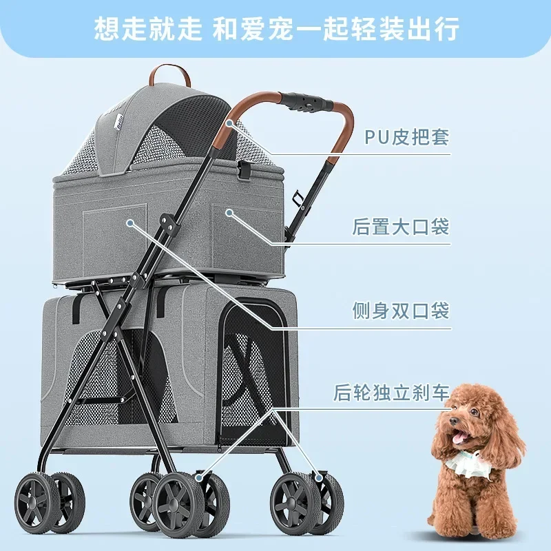 Cochecitos para perros, carrito plegable ligero de doble capa para mascotas, Paparazzi para perros y jaula para gatos desmontable, productos para mascotas - imagen 3